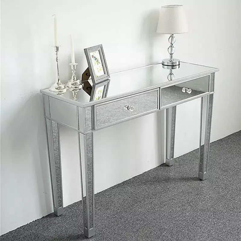 Bureau d'ordinateur et coiffeuse modernes à 2 tiroirs, finition miroir argentée