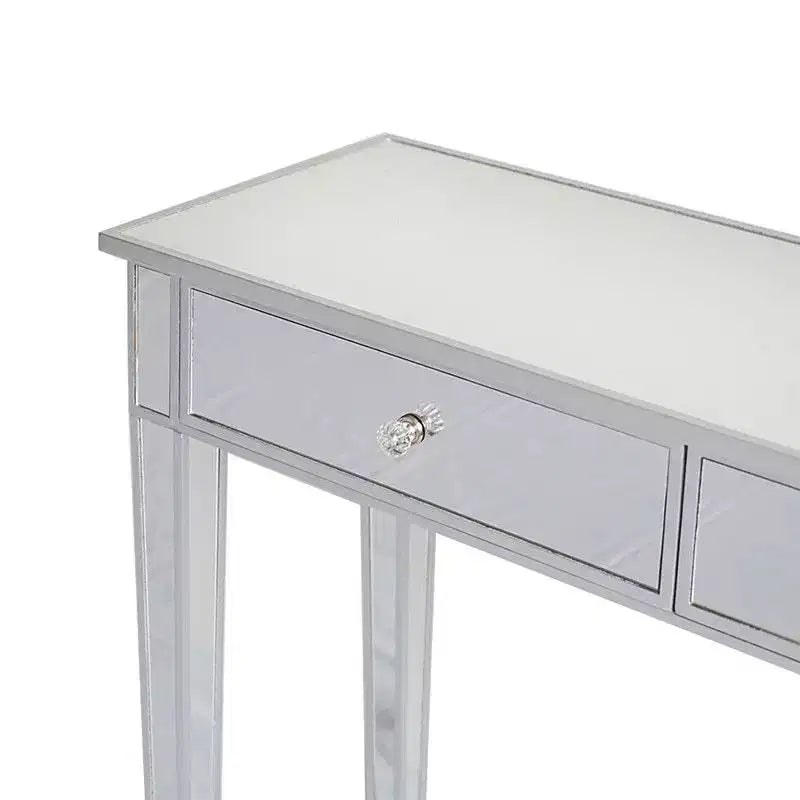 Bureau d'ordinateur et coiffeuse modernes à 2 tiroirs, finition miroir argentée