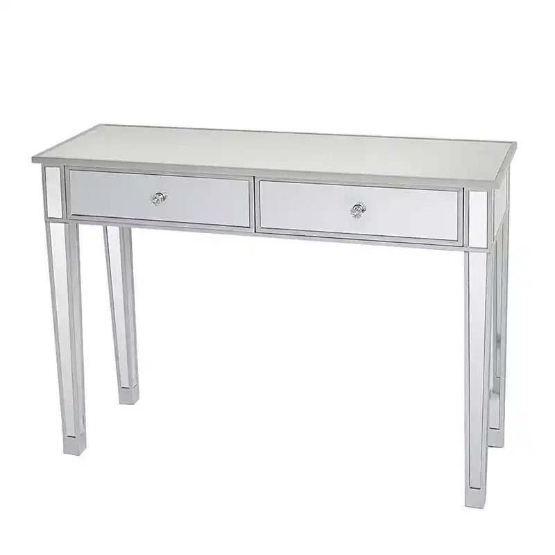 Bureau d'ordinateur et coiffeuse modernes à 2 tiroirs, finition miroir argentée
