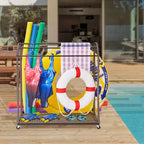 Porte-serviettes de piscine autoportant d'extérieur 5 barres avec base en rotin, gris