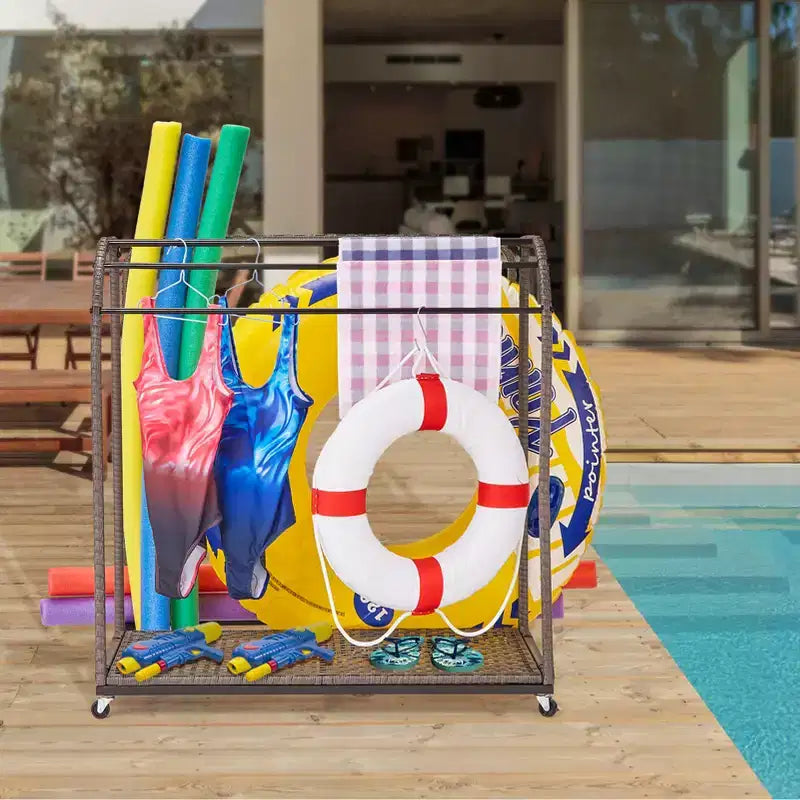 Porte-serviettes de piscine autoportant d'extérieur 5 barres avec base en rotin, gris