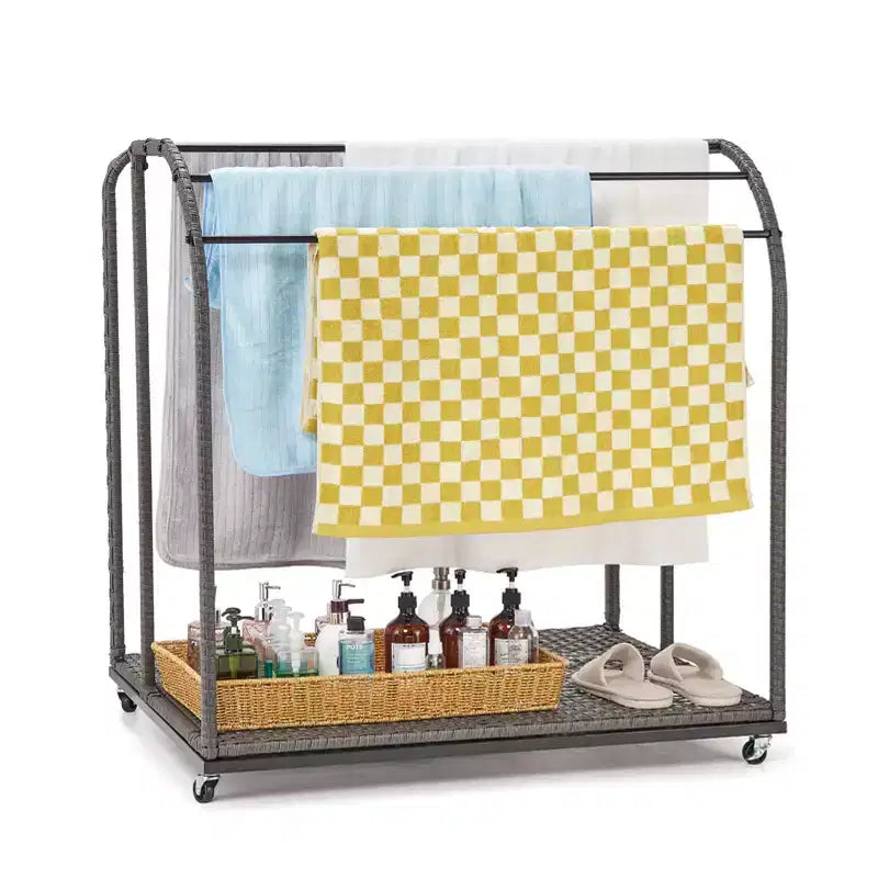 Porte-serviettes de piscine autoportant d'extérieur 5 barres avec base en rotin, gris