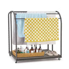 Porte-serviettes de piscine autoportant d'extérieur 5 barres avec base en rotin, gris