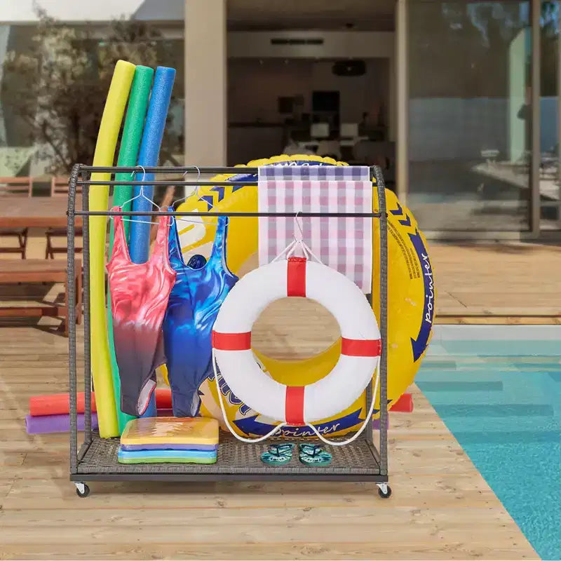 Porte-serviettes de piscine autoportant d'extérieur 5 barres avec base en rotin, gris