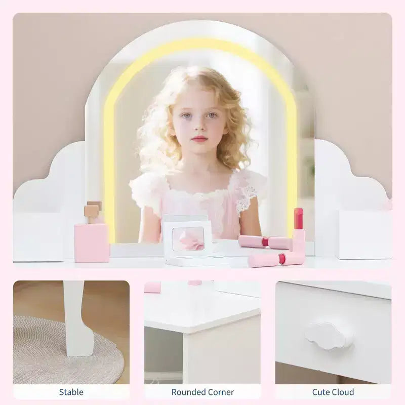 Coiffeuse pour enfants avec miroir lumineux, tabouret et rangement pour filles