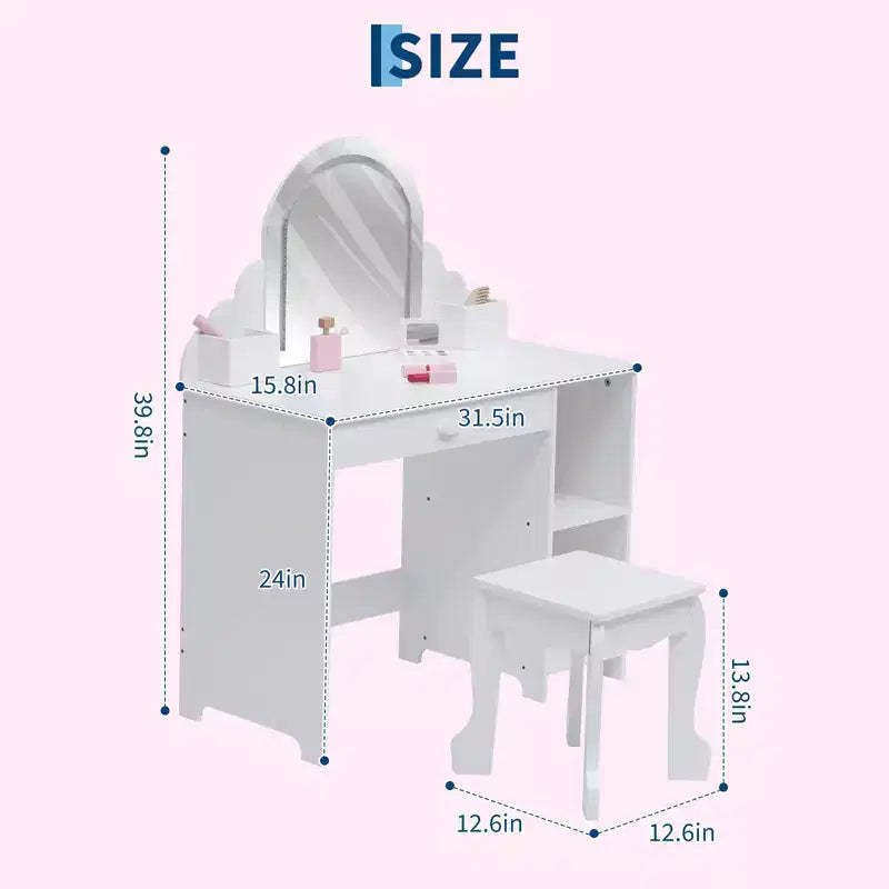 Coiffeuse pour enfants avec miroir lumineux, tabouret et rangement pour filles