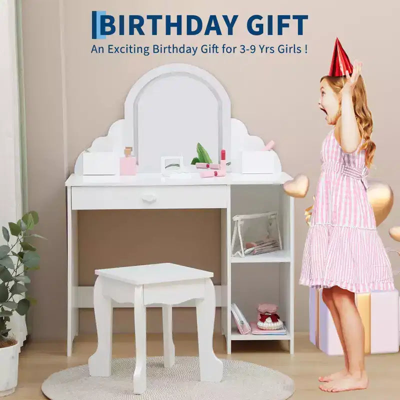 Coiffeuse pour enfants avec miroir lumineux, tabouret et rangement pour filles
