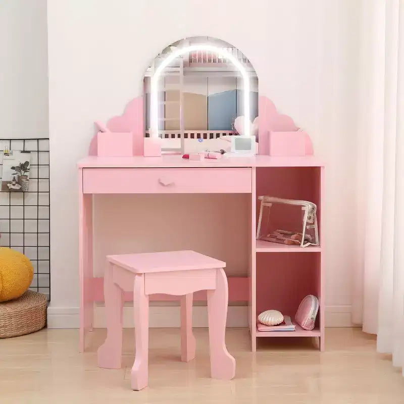 Coiffeuse pour enfants avec miroir lumineux, tabouret et rangement pour filles