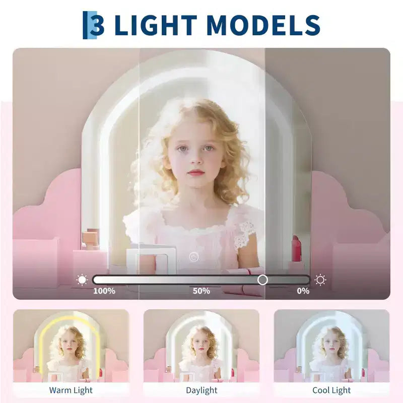 Coiffeuse pour enfants avec miroir lumineux, tabouret et rangement pour filles