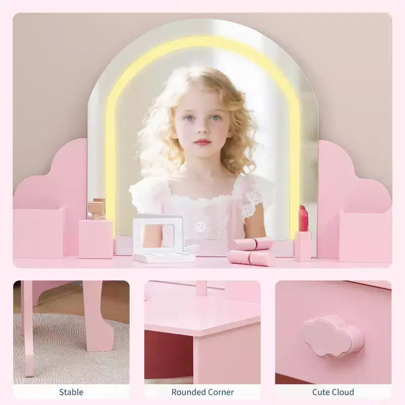 Coiffeuse pour enfants avec miroir lumineux, tabouret et rangement pour filles