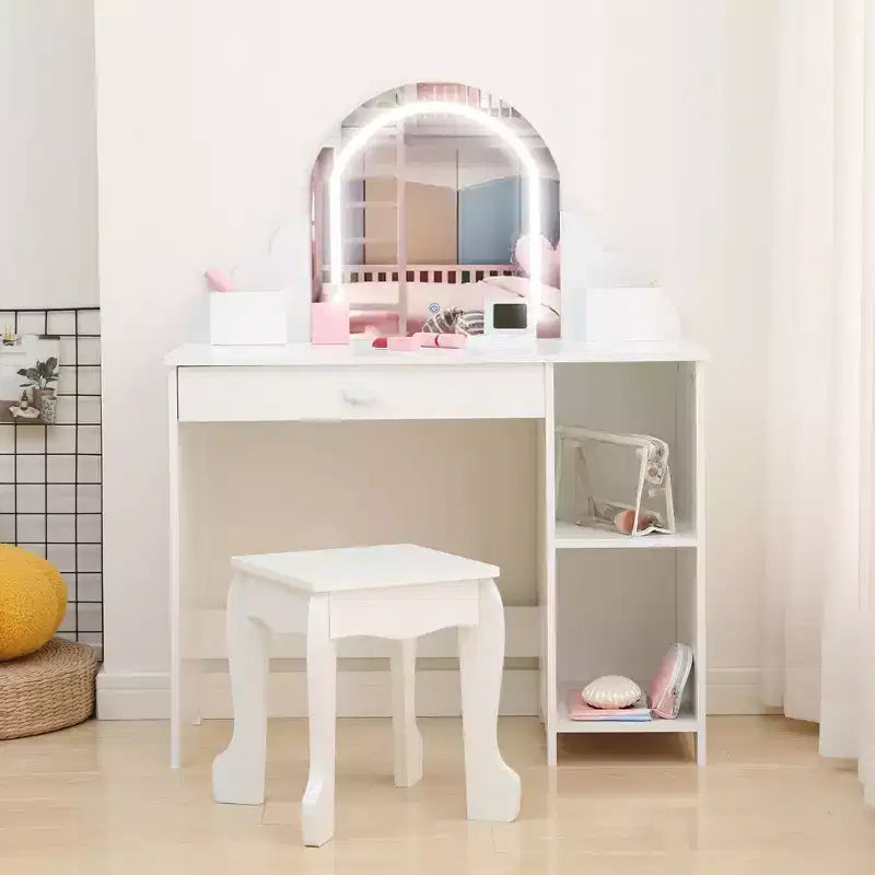 Coiffeuse pour enfants avec miroir lumineux, tabouret et rangement pour filles
