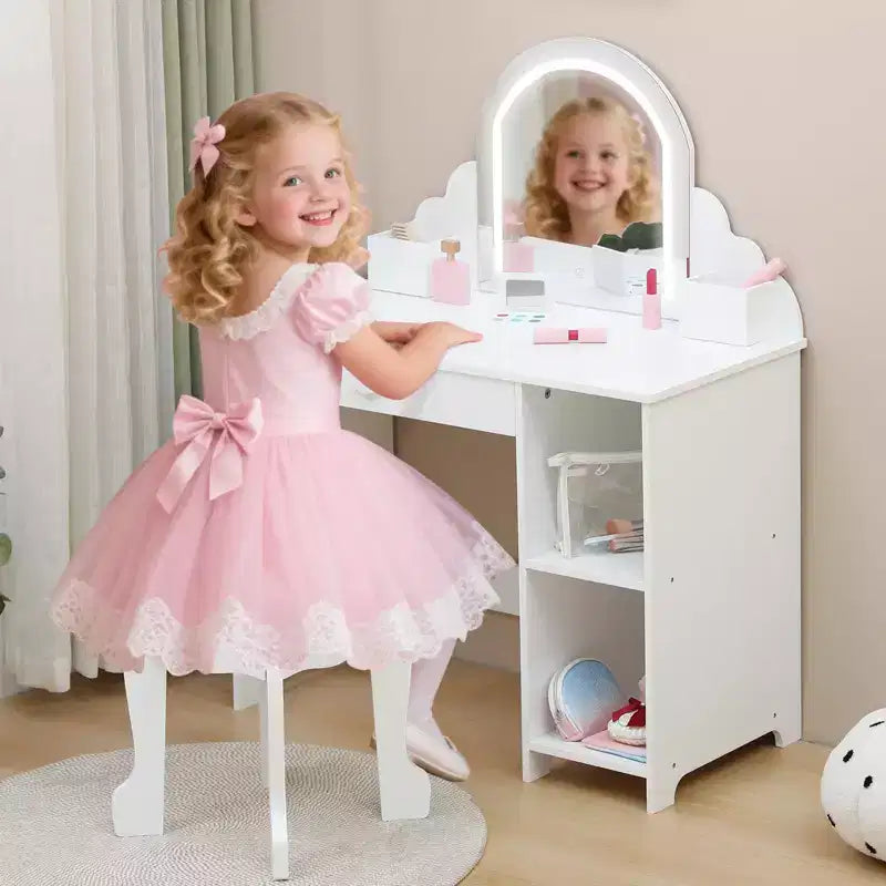 Coiffeuse pour enfants avec miroir lumineux, tabouret et rangement pour filles