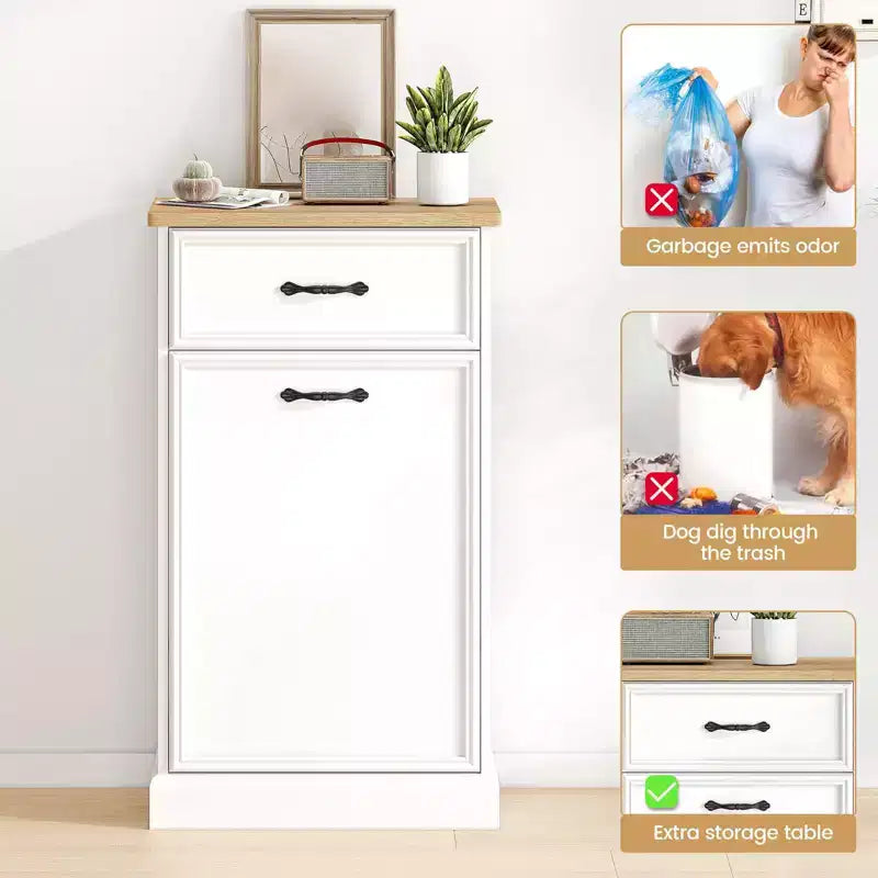 Meuble poubelle simple basculant de 38 litres – Poubelle autonome blanche pour cuisine, salle à manger, salon
