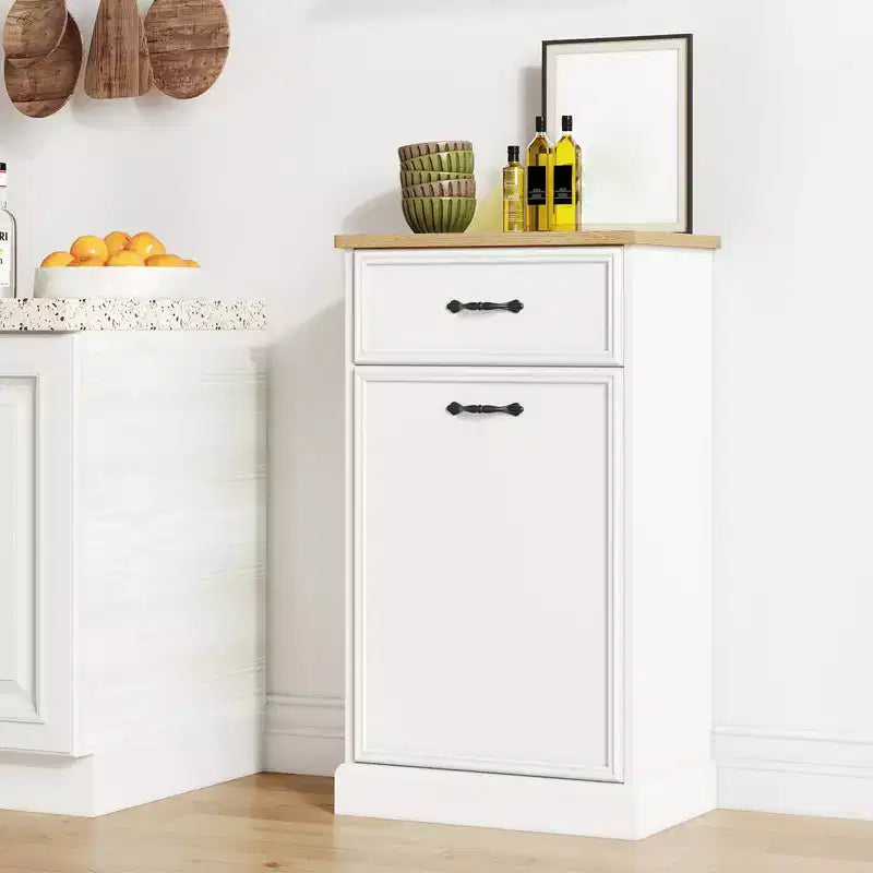 Meuble poubelle simple basculant de 38 litres – Poubelle autonome blanche pour cuisine, salle à manger, salon