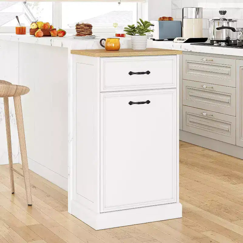Meuble poubelle simple basculant de 38 litres – Poubelle autonome blanche pour cuisine, salle à manger, salon
