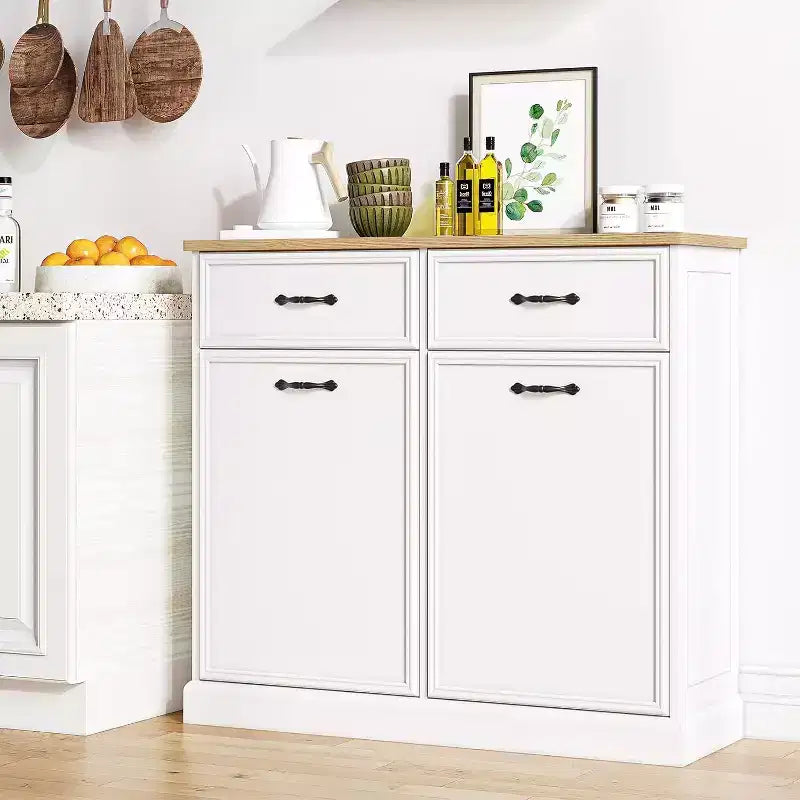 Meuble poubelle simple basculant de 38 litres – Poubelle autonome blanche pour cuisine, salle à manger, salon