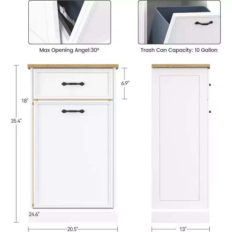 Meuble poubelle simple basculant de 38 litres – Poubelle autonome blanche pour cuisine, salle à manger, salon