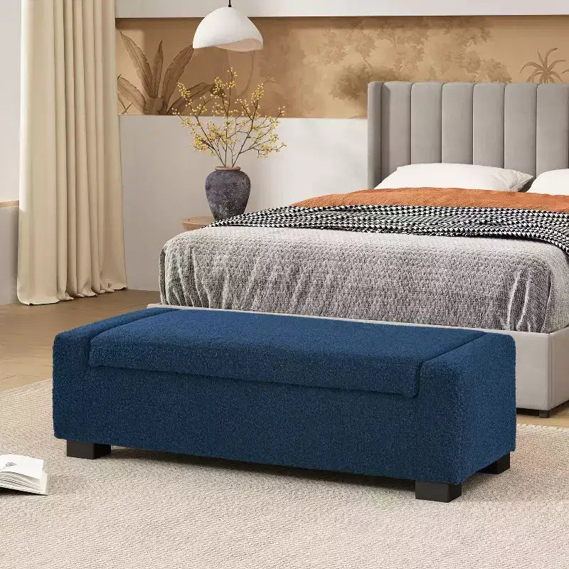 Banc Ottoman 50" en Boucle Texturé avec Couvercle Charnière et Rangement Dissimulé