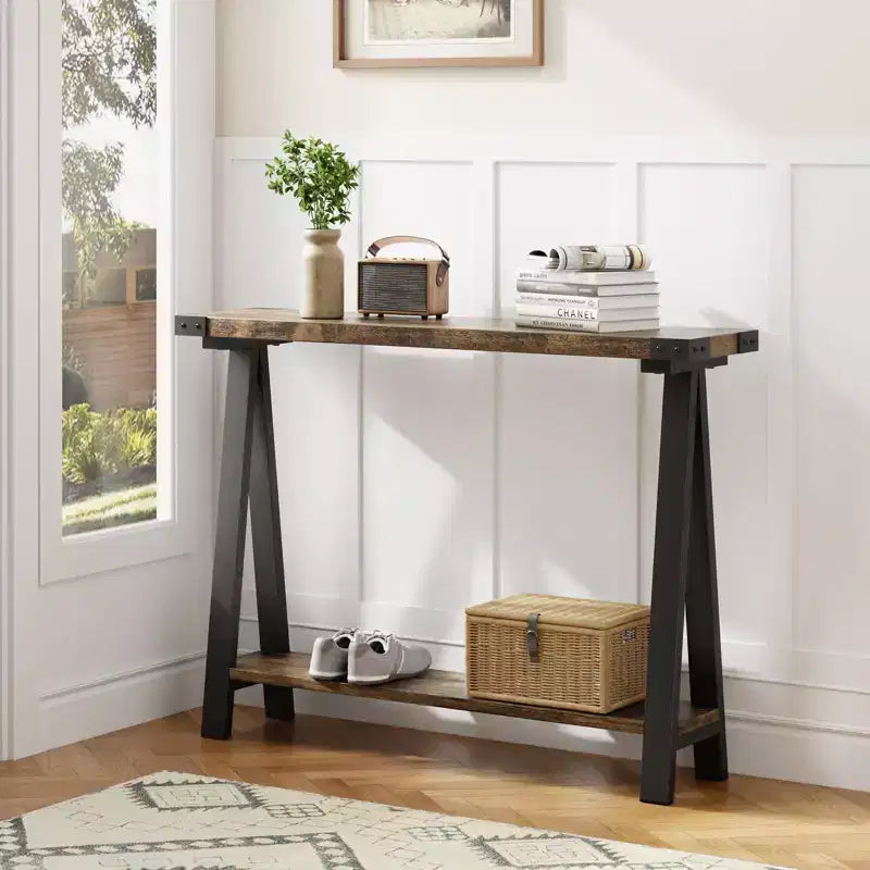 Console d'entrée, table d'appoint à 2 niveaux avec rangement, console étroite de 110 cm pour salon, petite table de couloir, table d'appoint