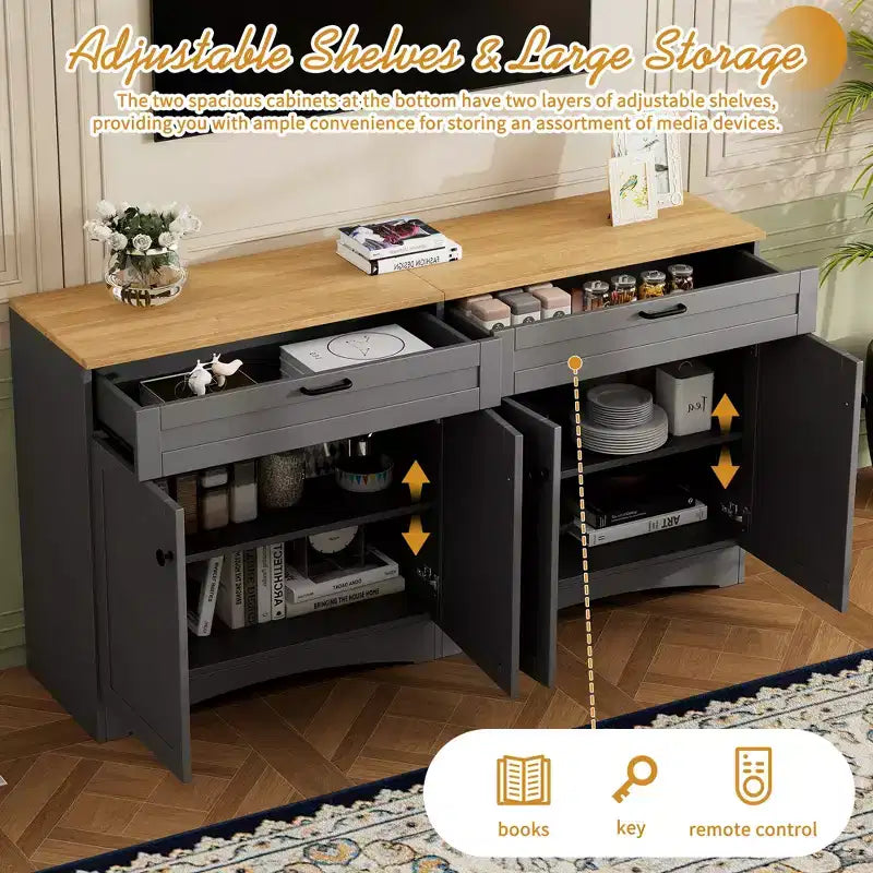 Meuble TV de style moderne du milieu du siècle avec 2 tiroirs et étagères réglables pour téléviseur de 70 pouces