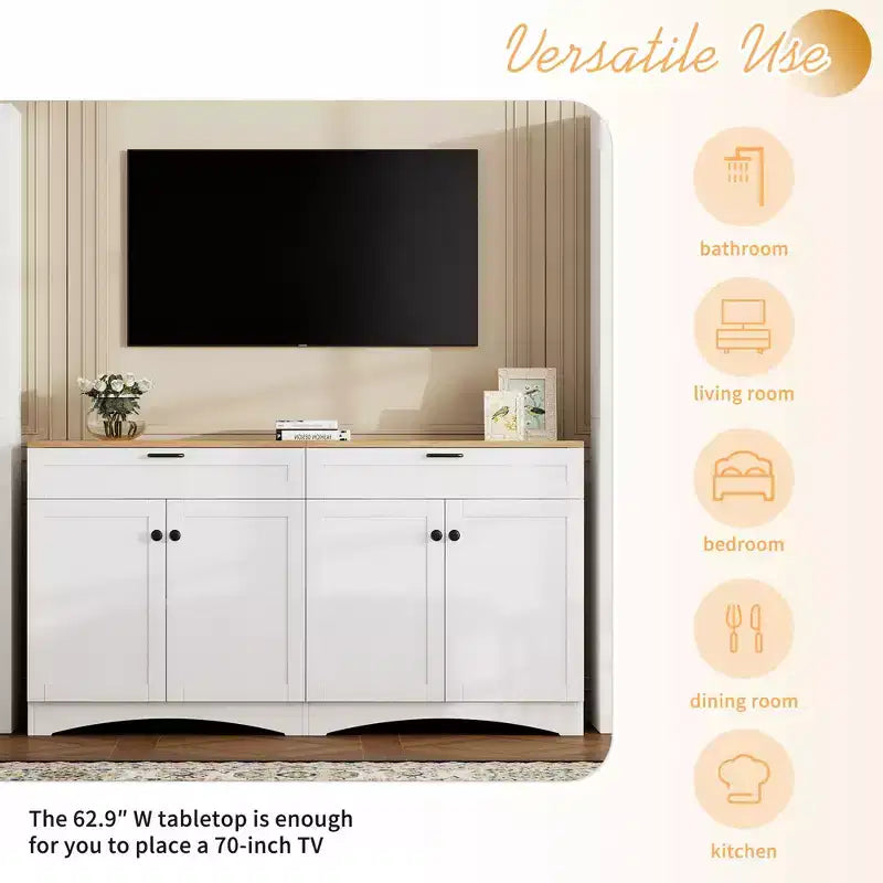 Meuble TV de style moderne du milieu du siècle avec 2 tiroirs et étagères réglables pour téléviseur de 70 pouces