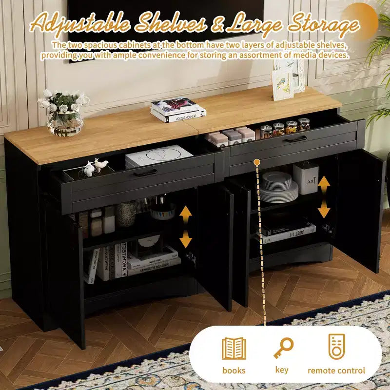 Meuble TV de style moderne du milieu du siècle avec 2 tiroirs et étagères réglables pour téléviseur de 70 pouces