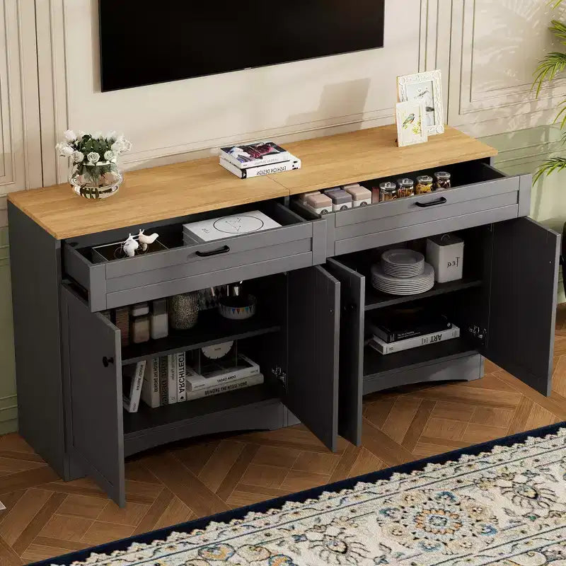 Meuble TV de style moderne du milieu du siècle avec 2 tiroirs et étagères réglables pour téléviseur de 70 pouces