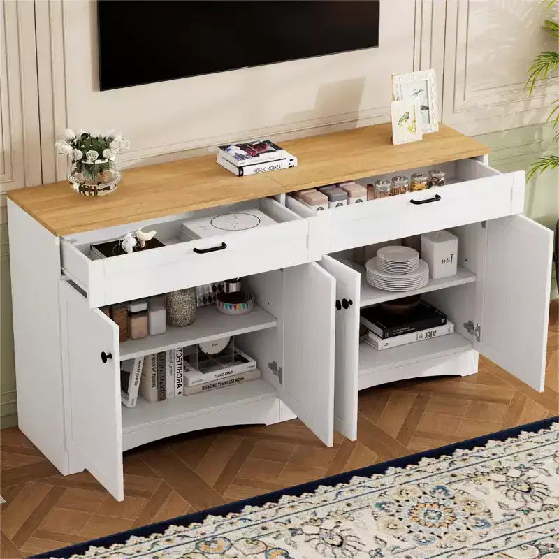 Meuble TV de style moderne du milieu du siècle avec 2 tiroirs et étagères réglables pour téléviseur de 70 pouces