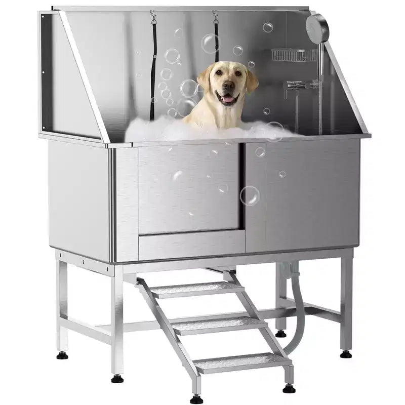 Dog Bath Tub, Dog Grooming Tub 50 Inch Professional Stainless Steel - with Stairs Floor Grate Faucet for Medium & Small Pets