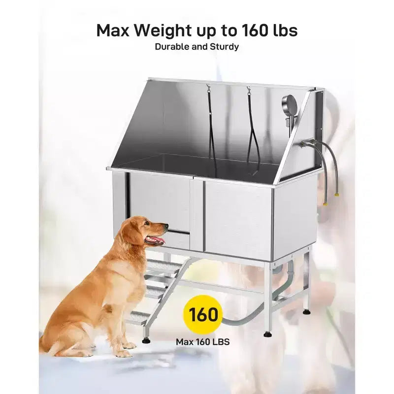 Baignoire professionnelle de toilettage pour chiens en acier inoxydable de 50 po avec escalier et robinet