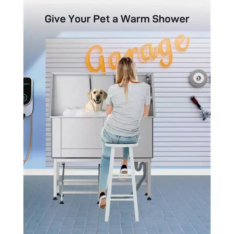 Baignoire professionnelle de toilettage pour chiens en acier inoxydable de 50 po avec escalier et robinet