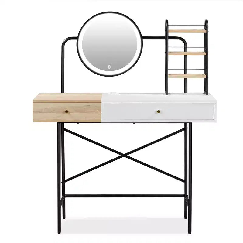 Okak Makeup Vanity with 3-Mode Round Mirror and Wireless Charging Station, Girls Vanity with Drawer and 3 Open Shelves, White