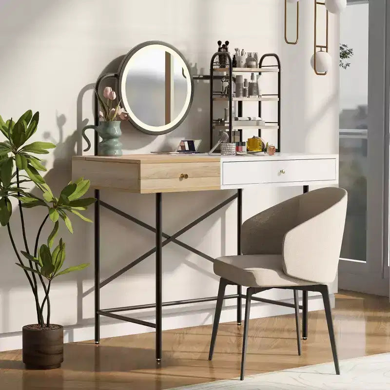 Coiffeuse avec miroir 3 modes et chargement sans fil, blanc