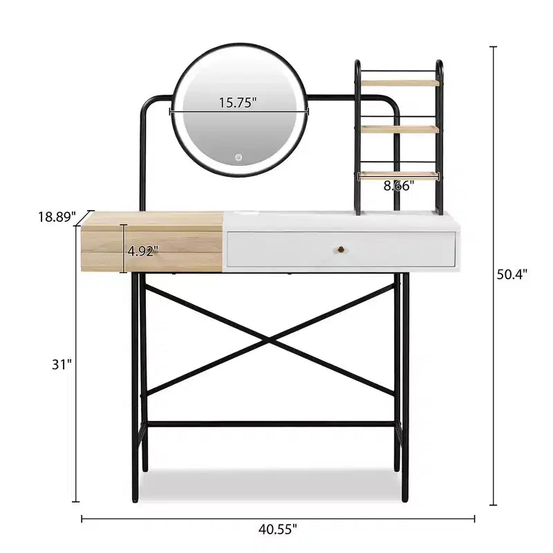 Coiffeuse avec miroir 3 modes et chargement sans fil, blanc