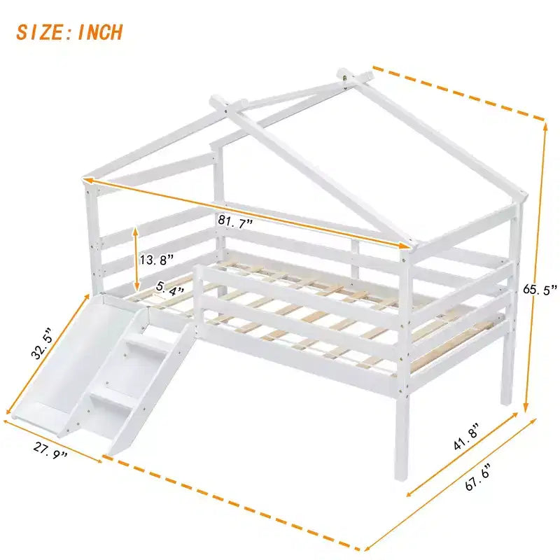 Lit cabane mi-hauteur double avec toboggan, échelle et barrières de sécurité pour enfants