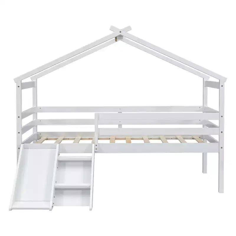 Lit cabane mi-hauteur double avec toboggan, échelle et barrières de sécurité pour enfants