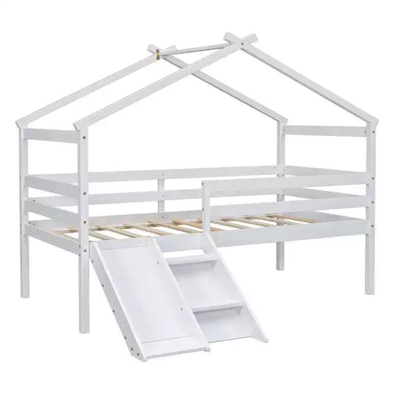 Lit cabane mi-hauteur double avec toboggan, échelle et barrières de sécurité pour enfants