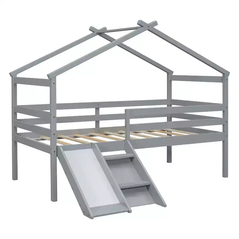 Lit cabane mi-hauteur double avec toboggan, échelle et barrières de sécurité pour enfants