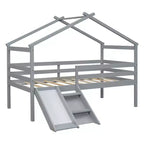 Lit cabane mi-hauteur double avec toboggan, échelle et barrières de sécurité pour enfants