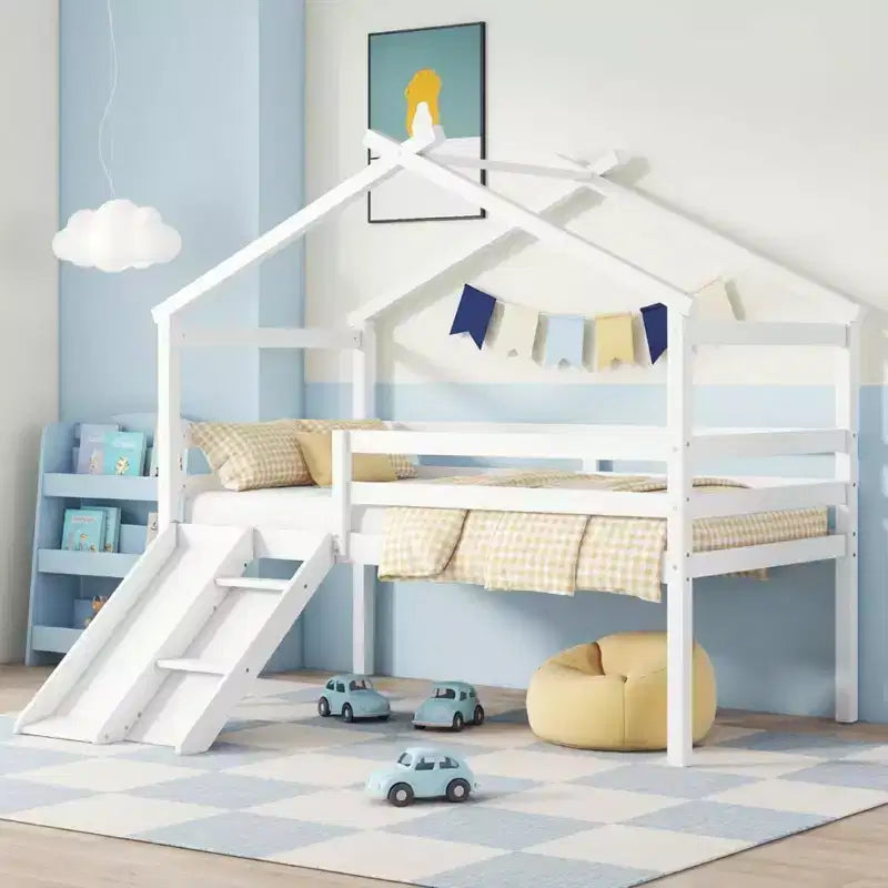Lit cabane mi-hauteur double avec toboggan, échelle et barrières de sécurité pour enfants