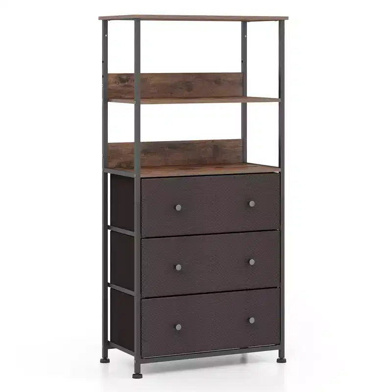 Commode verticale à 3 tiroirs en tissu avec étagères ouvertes et cadre en métal