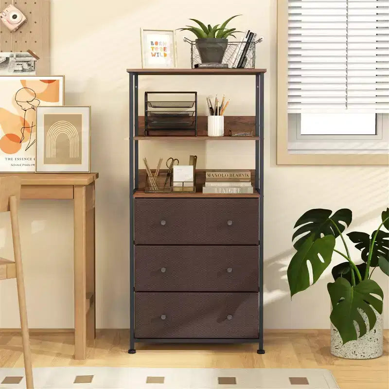 Commode verticale à 3 tiroirs en tissu avec étagères ouvertes et cadre en métal