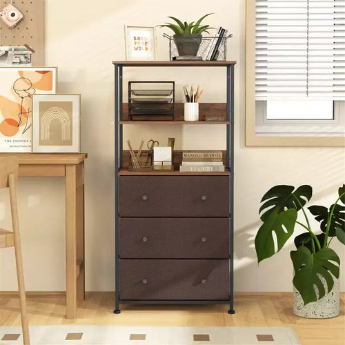 Commode verticale à 3 tiroirs en tissu avec étagères ouvertes et cadre en métal