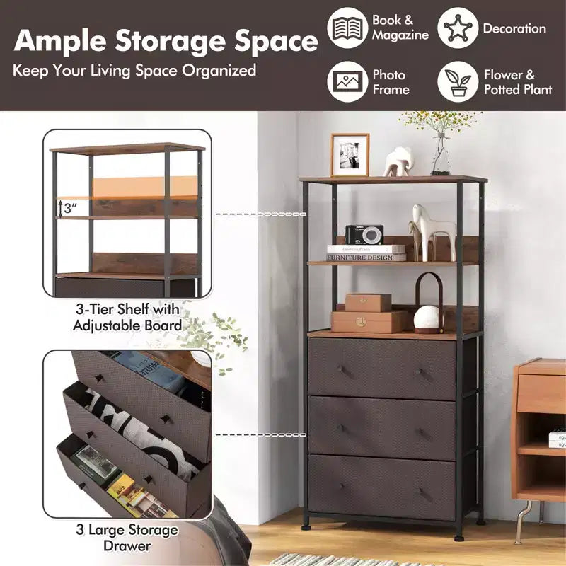 Commode verticale à 3 tiroirs en tissu avec étagères ouvertes et cadre en métal