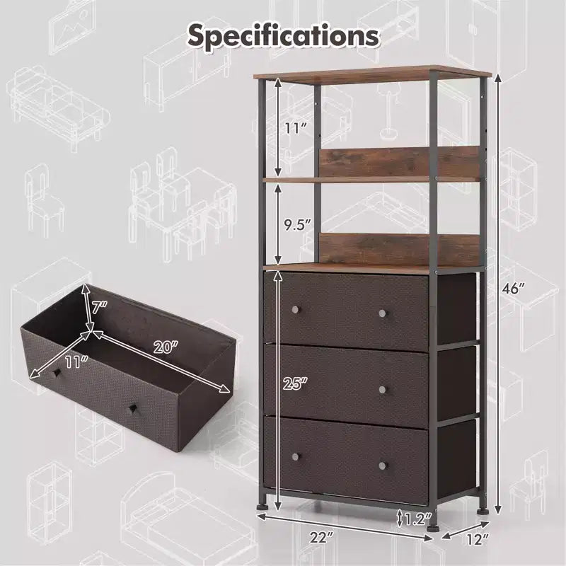 Commode verticale à 3 tiroirs en tissu avec étagères ouvertes et cadre en métal