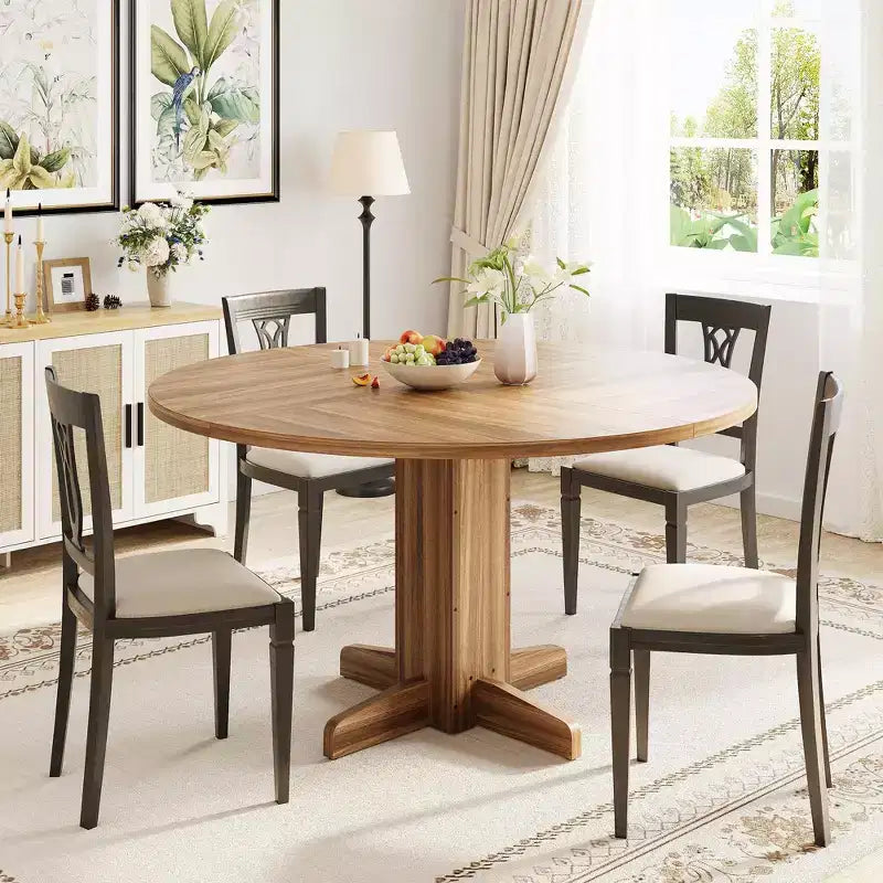 Table de salle à manger ronde de ferme 47" pour 4-6 personnes, pied piédestal croisé, noire