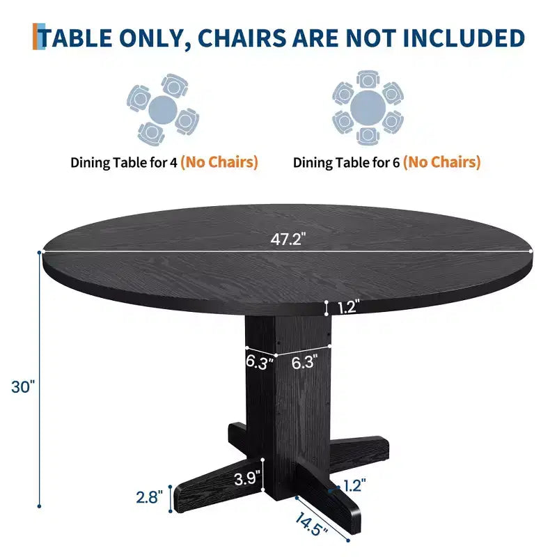Table de salle à manger ronde de ferme 47" pour 4-6 personnes, pied piédestal croisé, noire