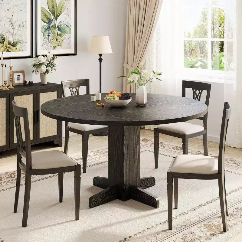 Table de salle à manger ronde de ferme 47" pour 4-6 personnes, pied piédestal croisé, noire