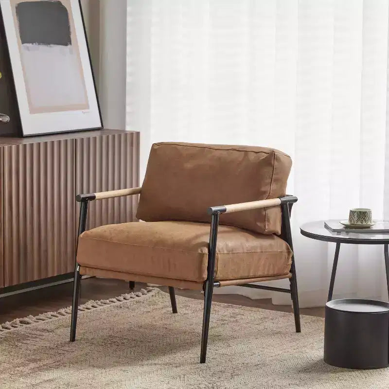 Fauteuil d'appoint moderne avec coussins moelleux, accoudoirs en bois et cadre en métal