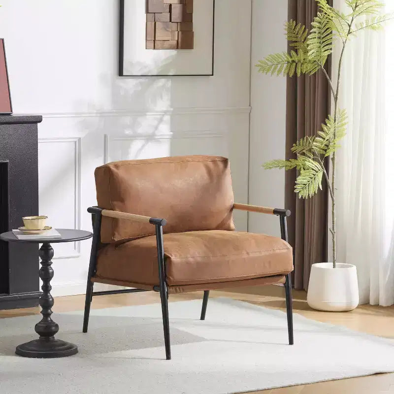 Modern Accent Chair with Plush Cushions, Wooden Arms & Metal Frame